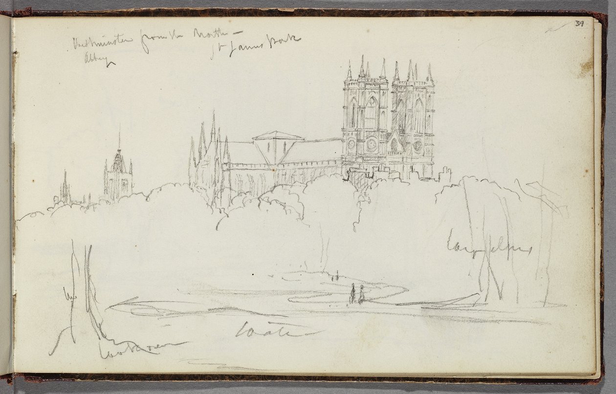 Westminster Abbey fra nord, St. James Park, ca. 1830 (blyant på papir) av Thomas Cole