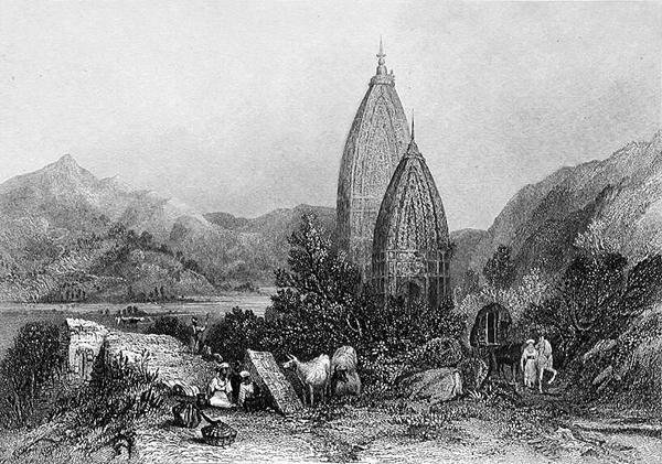 Hindu Temples of Mahadeo i Sivalic Mountains, India, gravert av E. Finden, fra 
