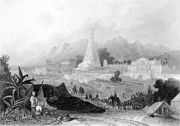 Det store tempelet, Hurdwar, med prosesjon av hinduistiske pilgrimer, gravert av W. Finden, fra 