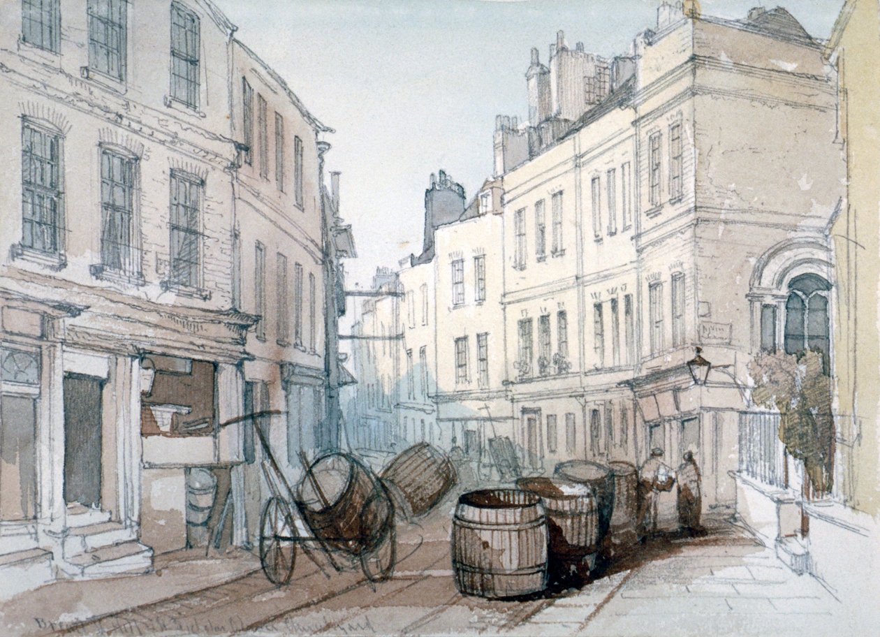 Bread Street Hill og St Nicholas Olave Churchyard, City of London, c1850 av Thomas Colman Dibdin