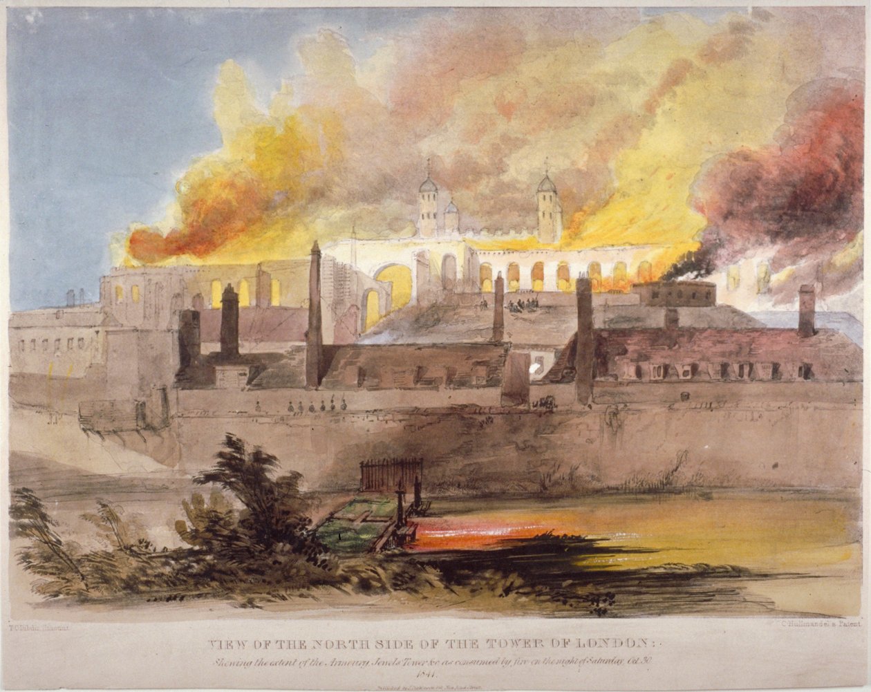 Brann ved våpenhuset i Tower of London, 30. oktober 1841 av Thomas Colman Dibdin