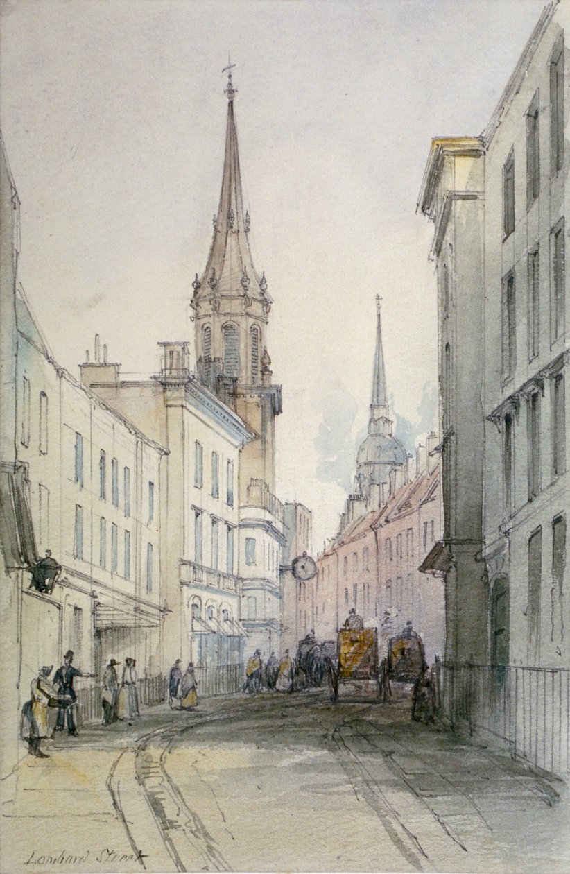 Utsikt langs Lombard Street, østover, med figurer og vogner, City of London, 1851 av Thomas Colman Dibdin