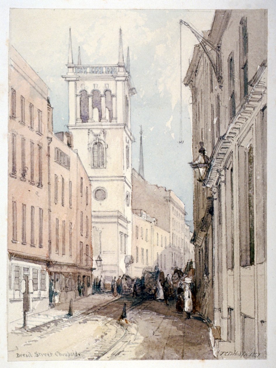 View of All Hallows Church, buildings and figures on Bread Street, City of London, 1851   1161958   no       norwegian Successfully Translated  Original: Veduta del Arco di Septimio Severo, et del Campidoglio Translat: Veduta del Arco di Septimio Severo, e av Thomas Colman Dibdin