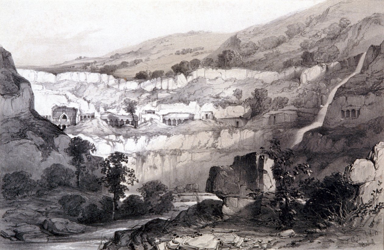 Utsikt over grotter, Ajunta, India, 1844 av Thomas Colman Dibdin