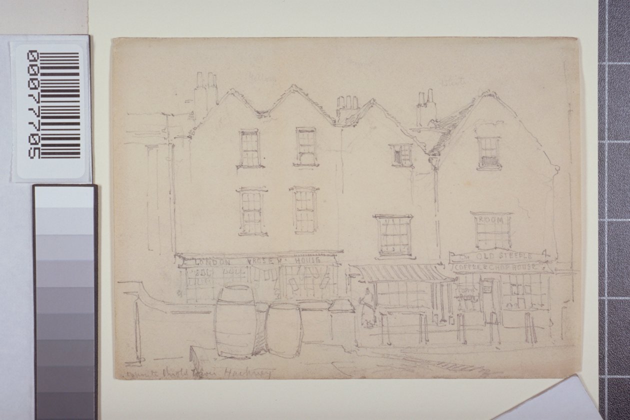 Utsikt over bygninger i Church Street, Hackney, ca. 1835 av Thomas Colman Dibdin