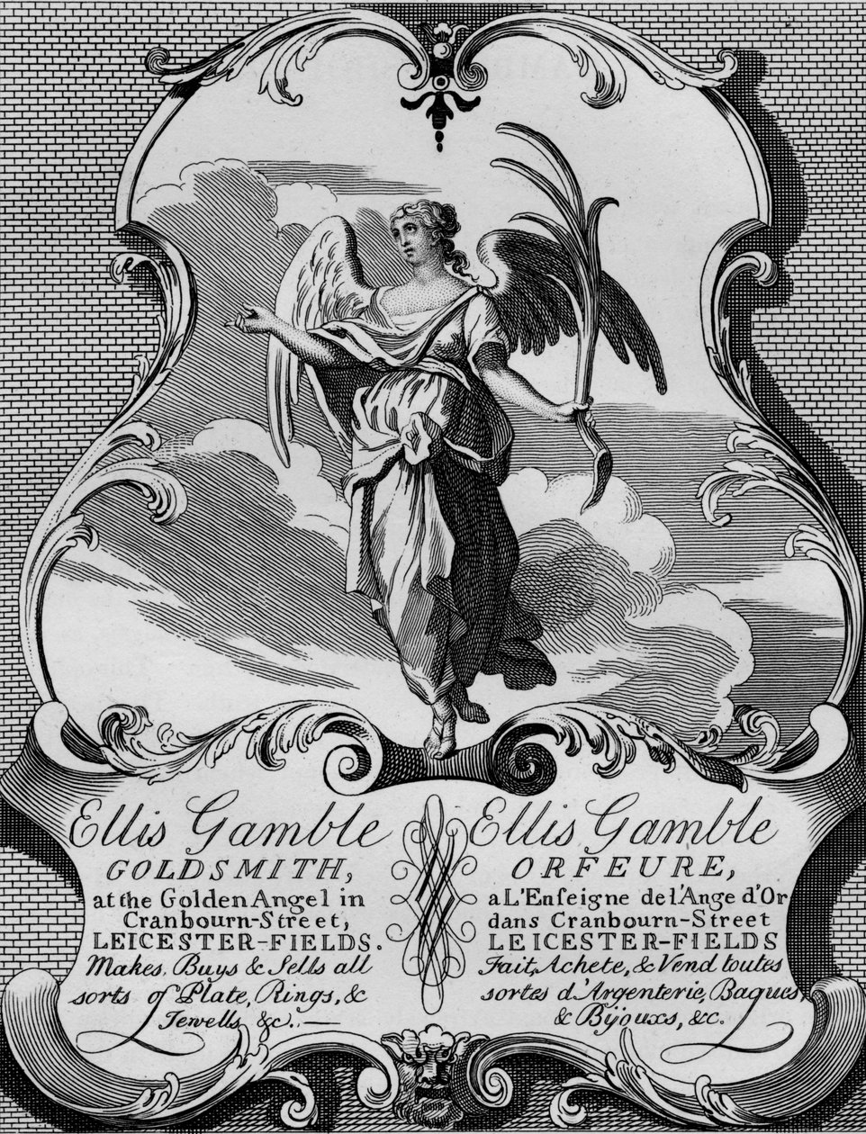 Handelskort til gullsmed Ellis Gamble, 1720-tallet, 1827. av Thomas Cook