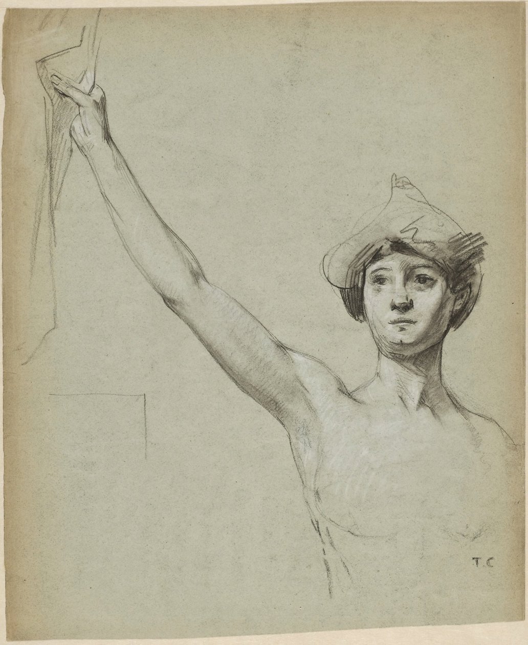 Naken figur ved draperi, modellstudie av Thomas Couture