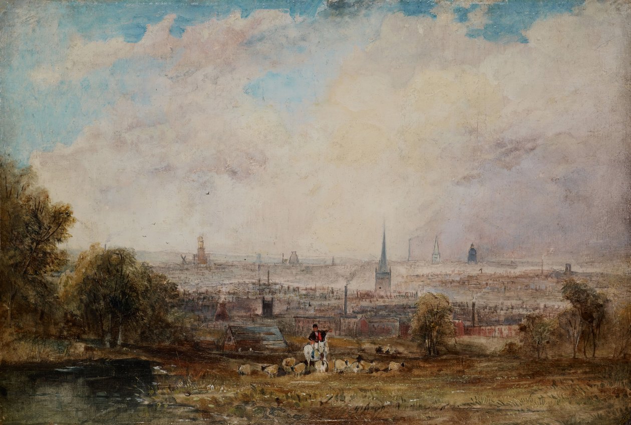 En fjern utsikt over Birmingham, 1825-1830. av Thomas Creswick