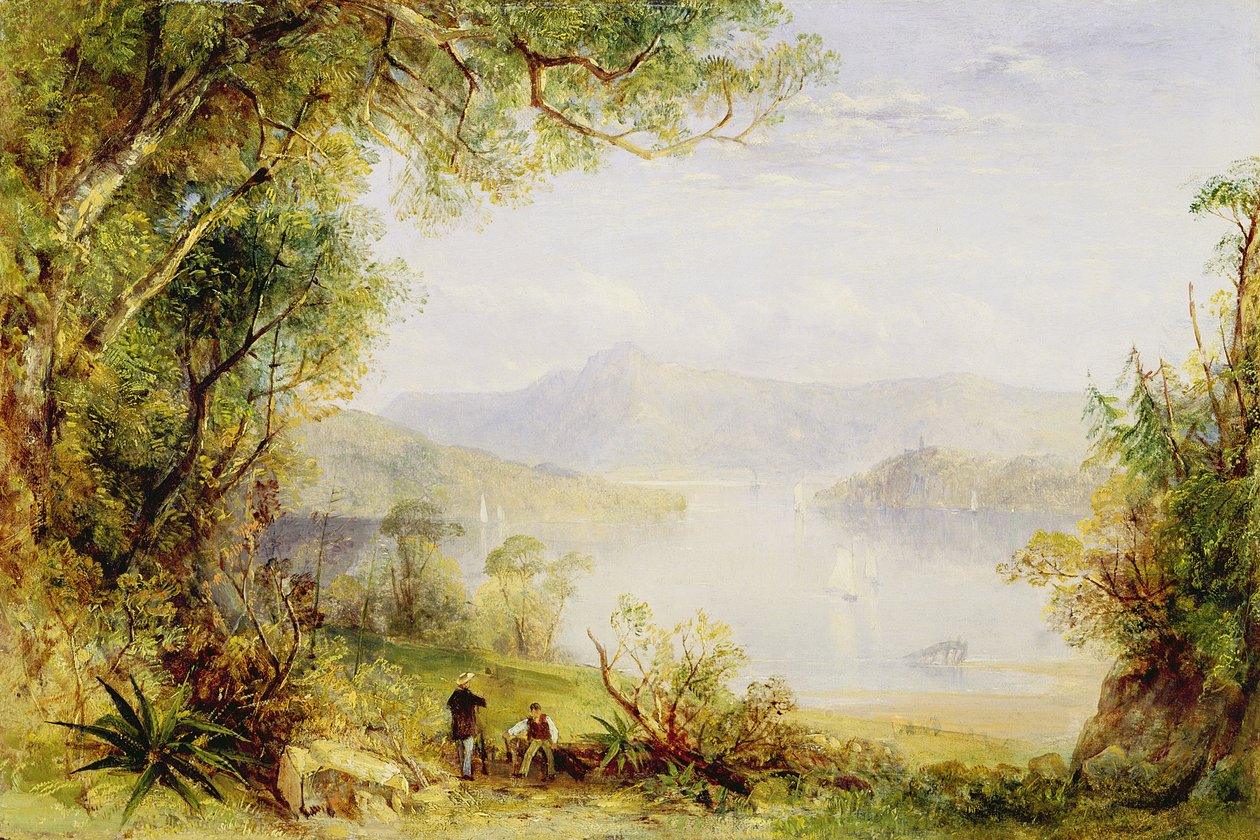 Utsikt over Hudson River, ca. 1840-45 (olje på panel) av Thomas Creswick