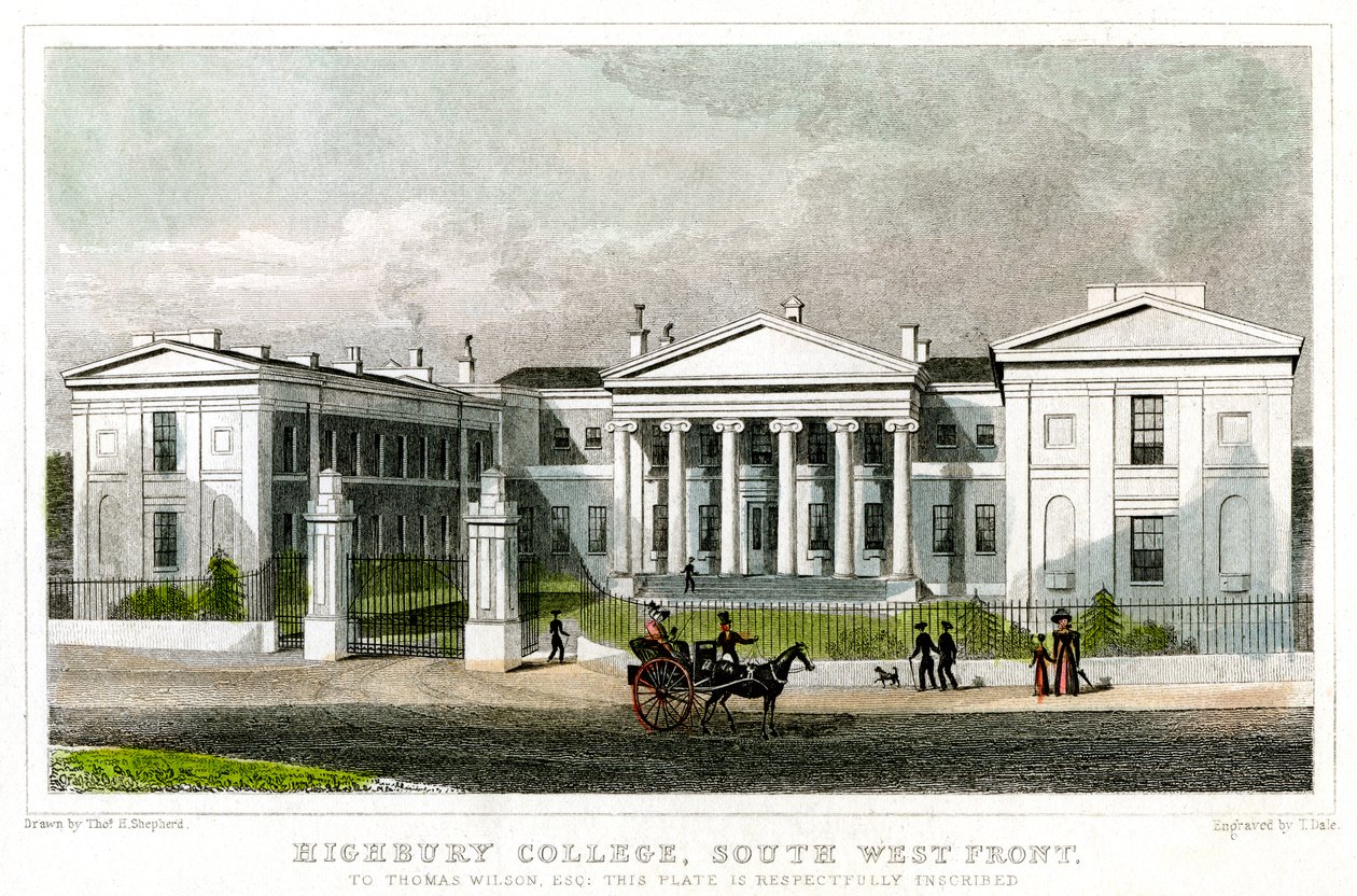 Highbury College, sørvestfront, Islington, London, 1827. av Thomas Dale