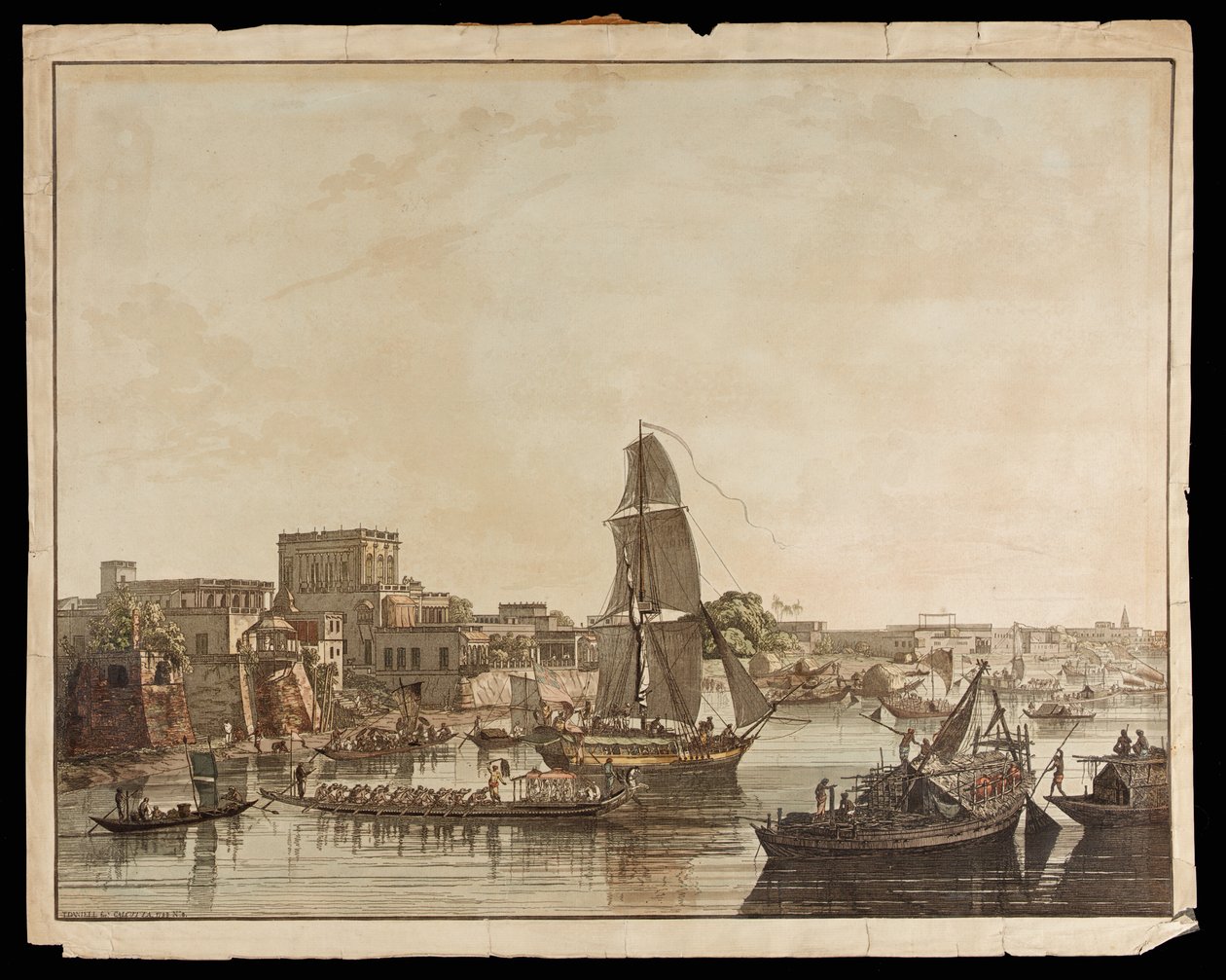 Calcutta fra elven Hoogly: Gentoo-bygninger fra utsikten over Calcutta, 1788 av Thomas Daniell