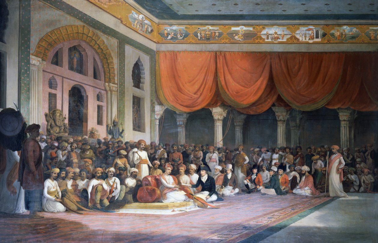 Charles Warre Malet inngikk traktat med Peshwa fra Maratha Empire i 1790 i Durbar av Thomas Daniell