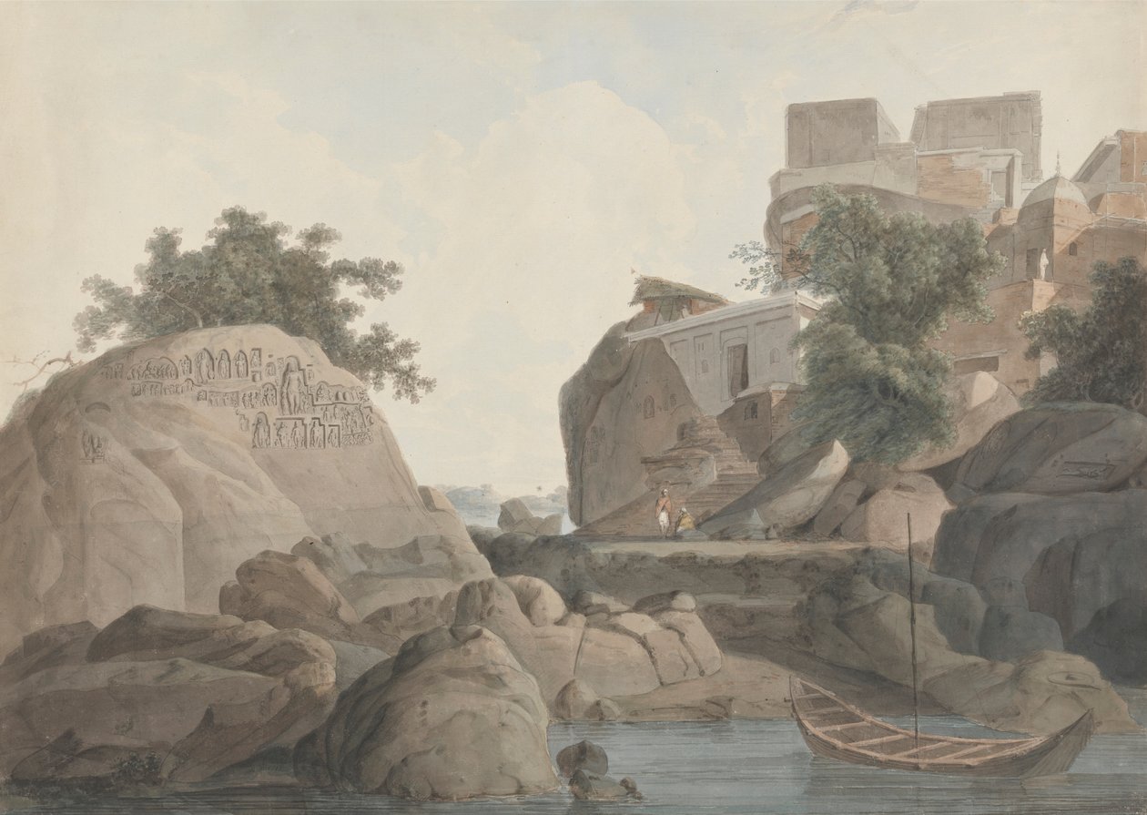 Fakirs klippe ved Sultanganj, ved Ganges-elven av Thomas Daniell