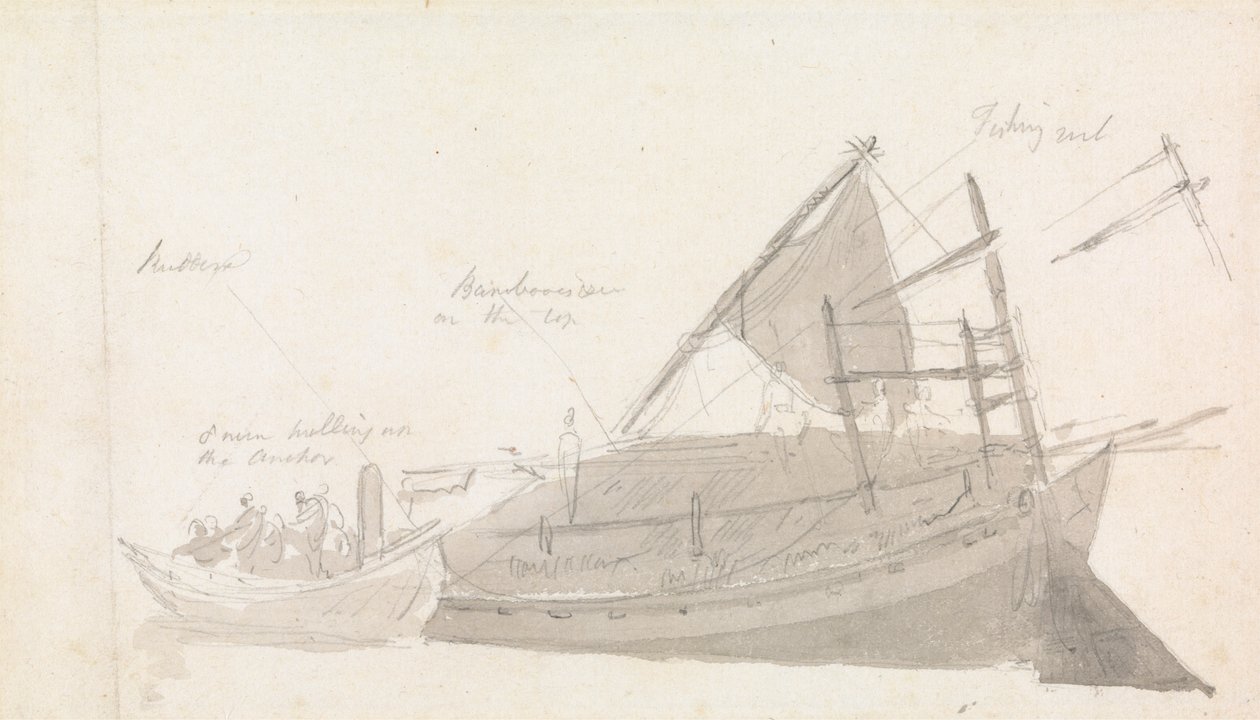 Fiskebåt med små fartøy ved siden av av Thomas Daniell