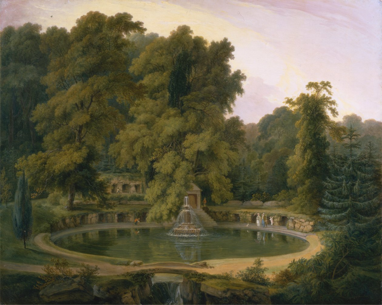 Tempel, fontene og hule i Sezincote Park av Thomas Daniell