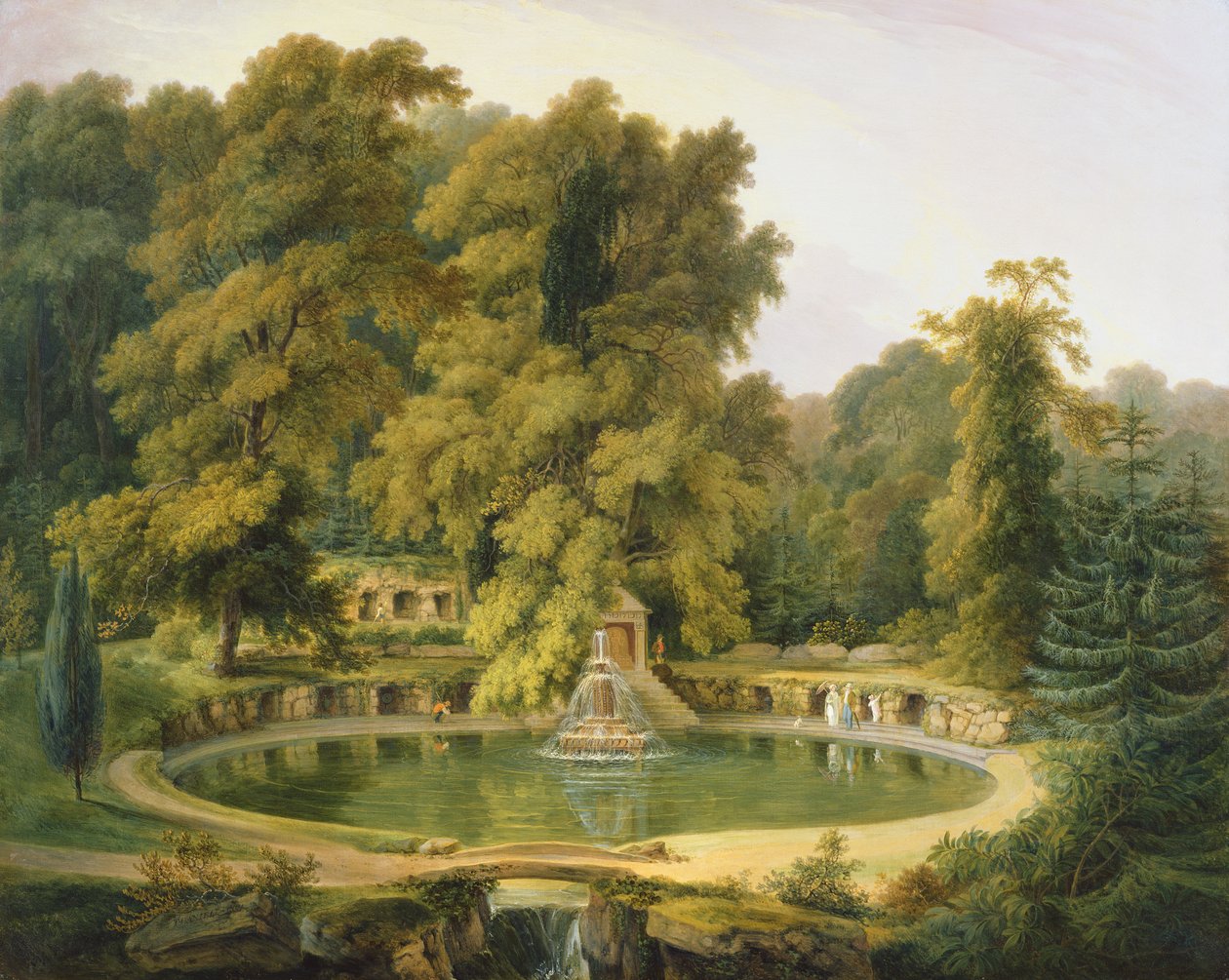 Tempel, fontene og hule i Sezincote Park av Thomas Daniell