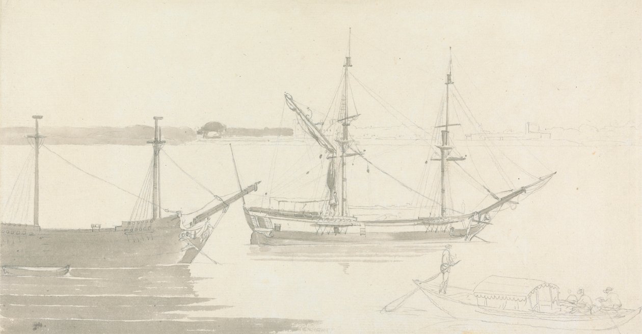 To fortøyde skip og en fiskebåt av Thomas Daniell