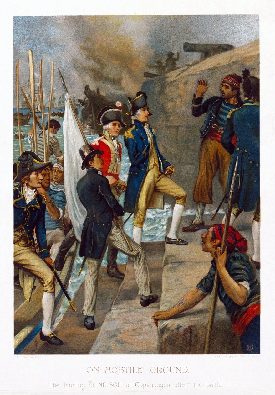 I et fiendtlig land. Horatio Nelsons (1758–1805) landgang i København (Danmark) etter slaget (1801). Kromolitografi, cirka 1897, av Thomas Davidson (aktiv 1863–1903). av Thomas Davidson