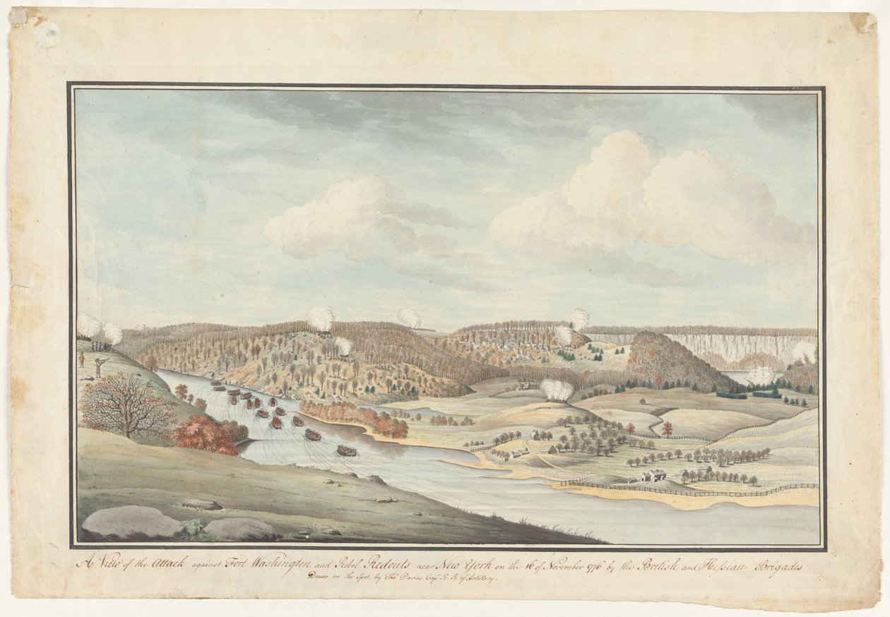 Angrep mot Fort Washington, ca. 1776–1812 (akvarell) av Thomas Davies