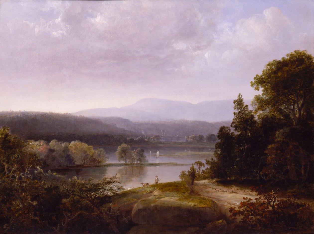 River View med jegere og hunder, ca. 1850. av Thomas Doughty
