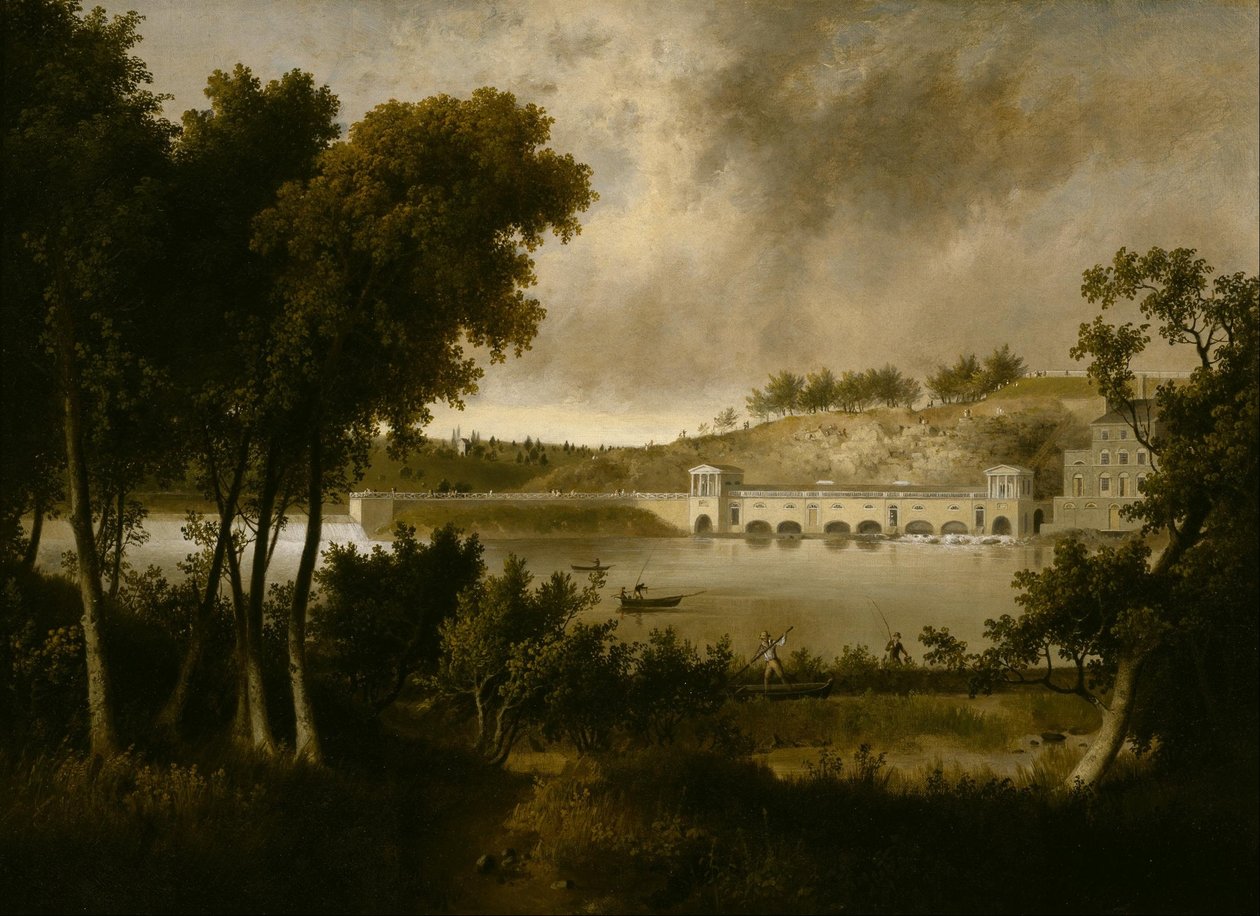 Utsikt over Fairmount-vannverket i Philadelphia fra motsatt side av Schuylkill River av Thomas Doughty
