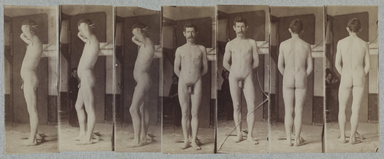 Fotografier av en stående mannlig nakenmodell «Joseph Smith» av Thomas Eakins