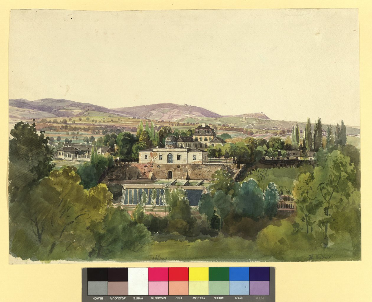 Utsikt fra Döbling over Kahlengebirge og baron Johann von Langs villa (Nußwaldgasse 19 eller 22) av Thomas Ender