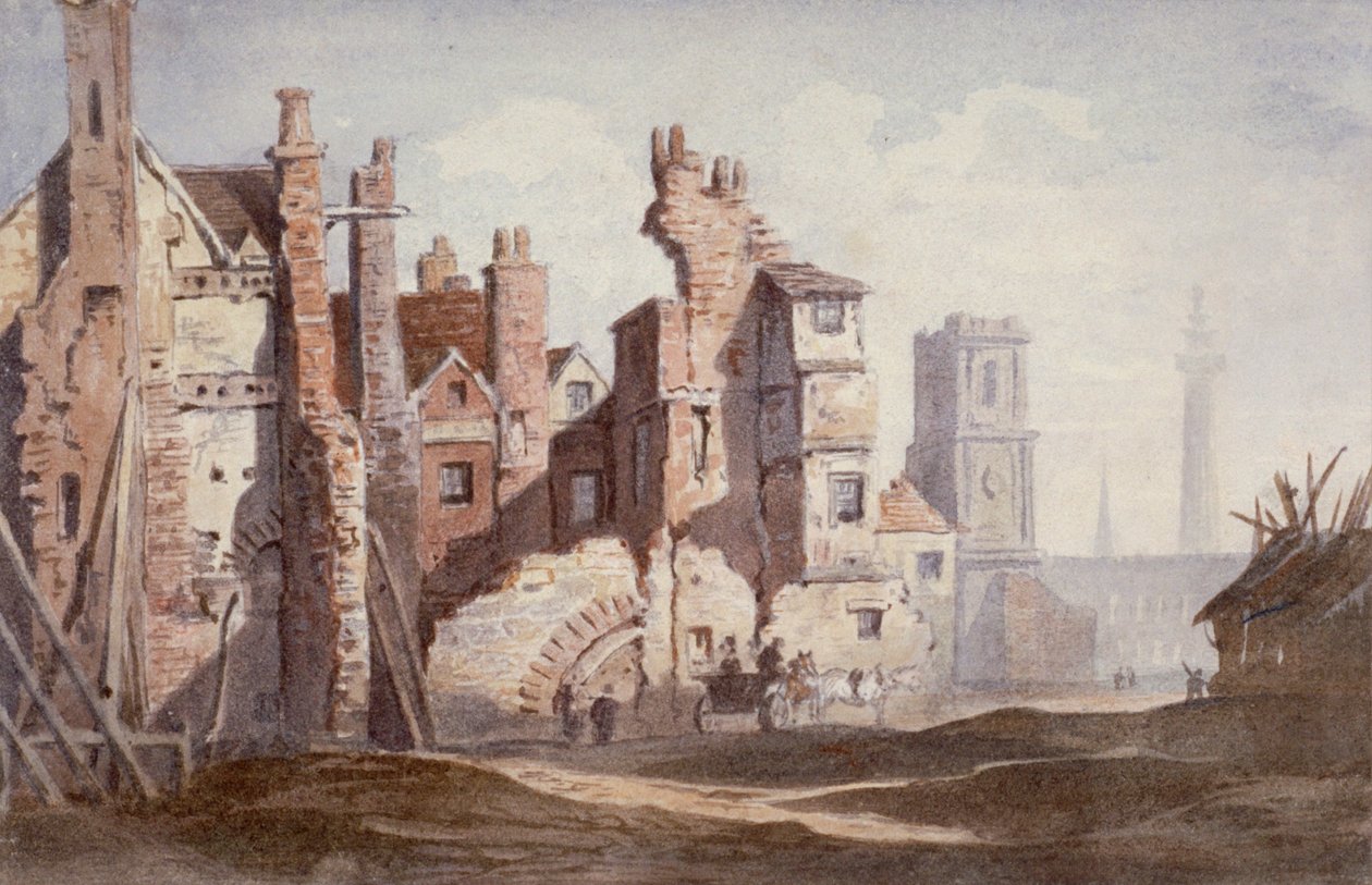 Riving av gamle hus nær Walbrook for å gjøre plass for King William Street, City of London, 1834. av Thomas Faed