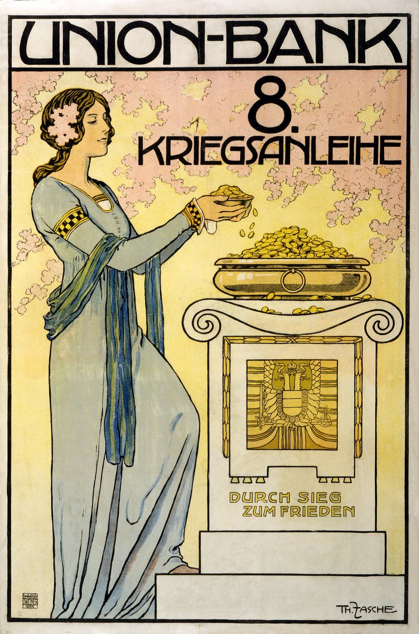 Østerriksk pengeinnsamlingskampanje Union-Bank, 8. krigslån; gjennom seier til fred, pub. 1918 av Thomas Fasche