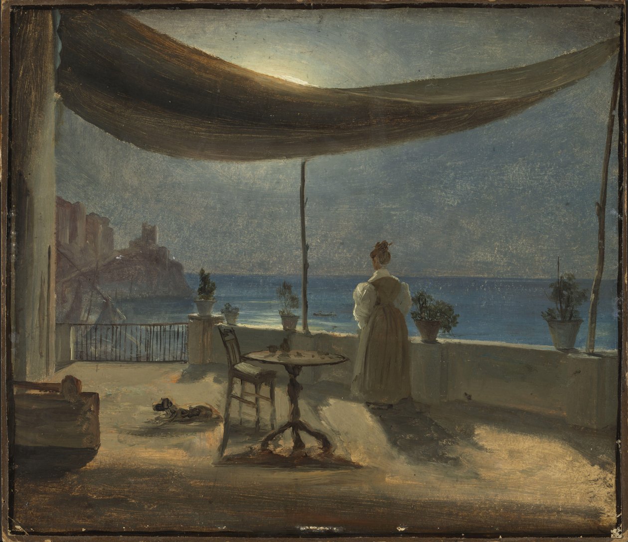 A Terrace in Amalfi in Moonlight, ca. 1834 (olje på papir montert om bord) av Thomas Fearnley