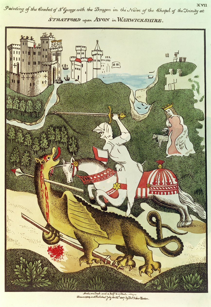 St. George and the Dragon, etter et originalt maleri i Chapel of the Trinity i Stratford Upon Avon, Warwickshire, 1804 av Thomas Fisher Hoxton