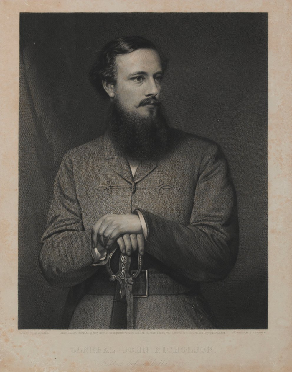 General John Nicholson, gravert av A.N. Saunders, utgitt av Henry Graves und Co., London, 1. juni 1867 (gravering med blandet metode) av Thomas Francis Dicksee