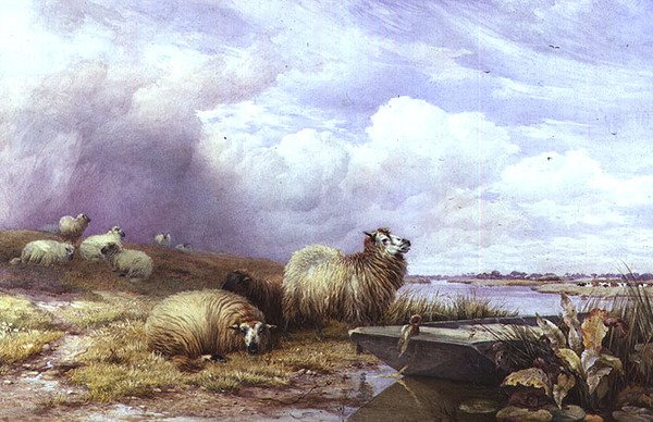 Et landskap med sauer og båt av Thomas Francis Wainewright