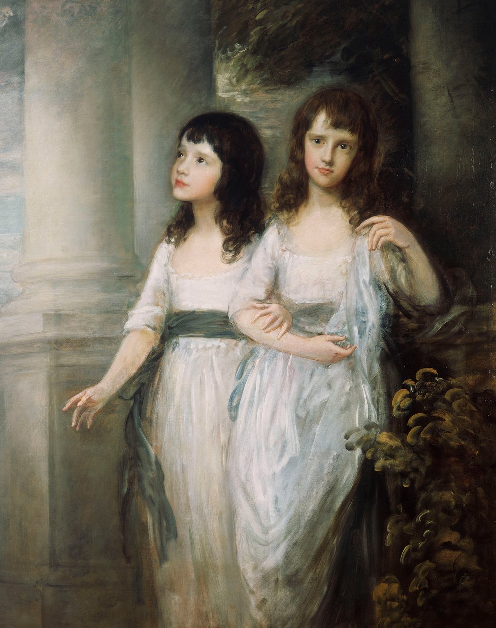 Et gruppeportrett av frøkenene Sloper, begge stående nesten i full lengde i hvite kjoler med blå sash, av Thomas Gainsborough