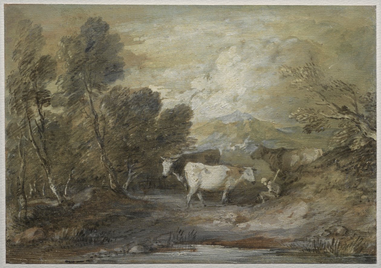En gjeter med tre kyr ved en opplandsbasseng, midten av 1780-tallet. av Thomas Gainsborough