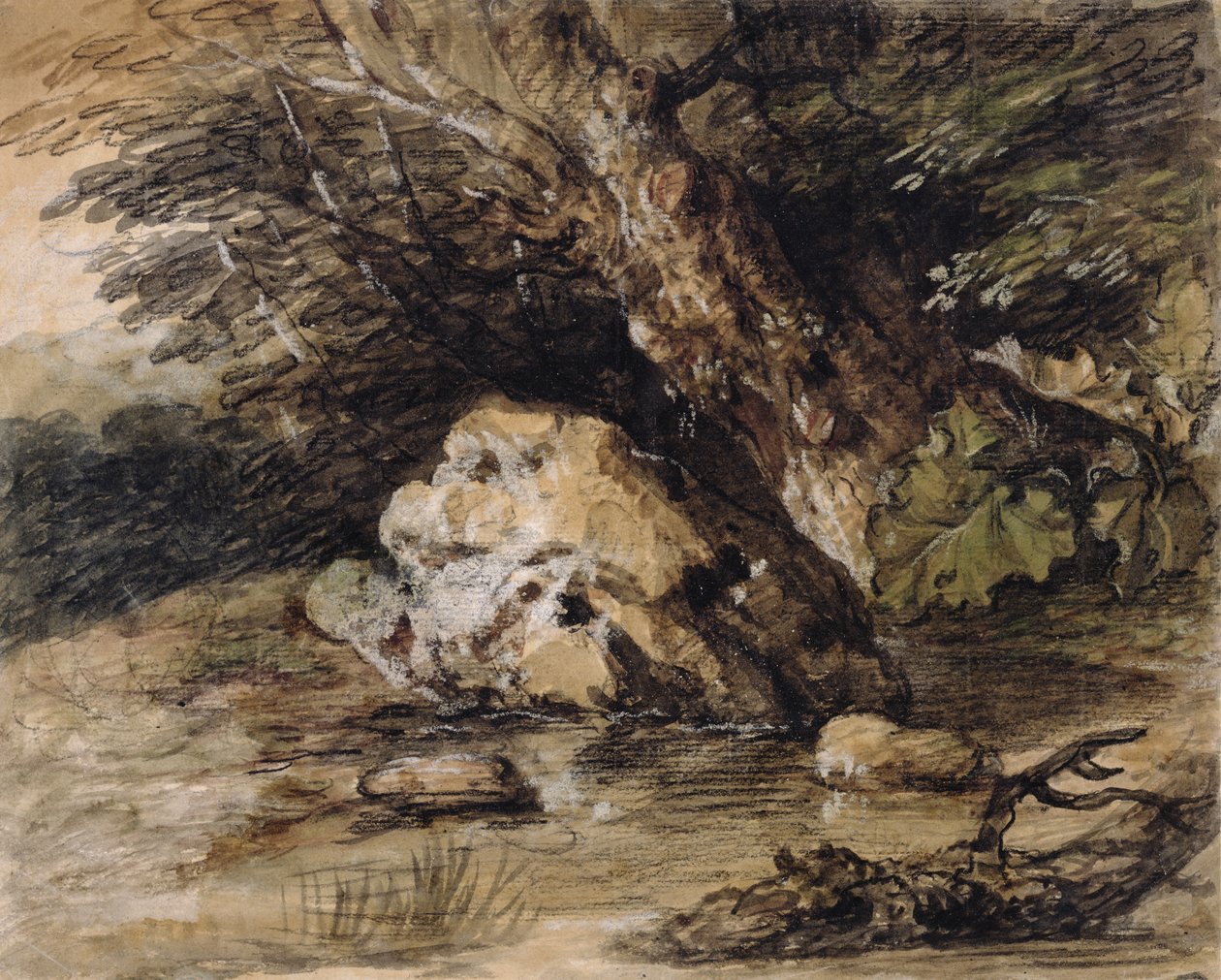 Et kupert landskap med figurer som nærmer seg en bro, ca. 1763 (wc og gouache på papir) av Thomas Gainsborough