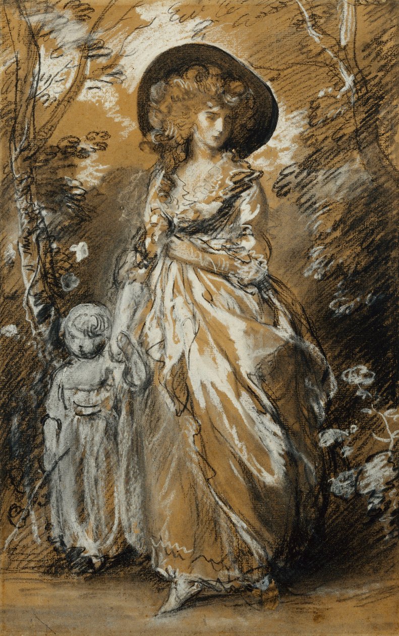 En dame som går i en hage, står i full lengde og holder sitt lille barn i hånden; Muligens en studie for The Richmond Water-Walk, av Thomas Gainsborough