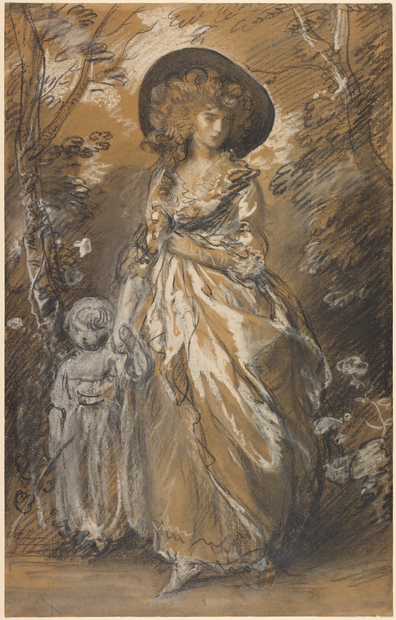 En dame som går i en hage med et barn av Thomas Gainsborough