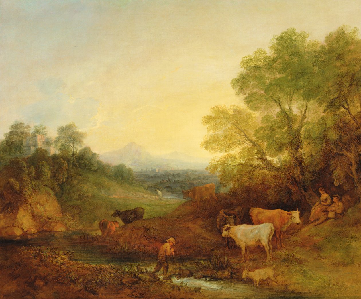 Et landskap med storfe og figurer ved en bekk og en fjern bro, ca. 1772-4 (olje på lerret) av Thomas Gainsborough