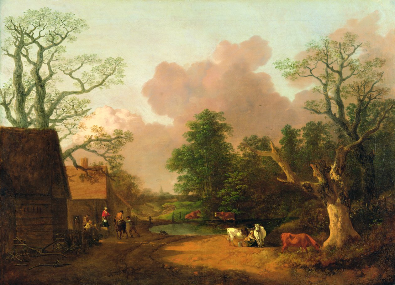 Et landskap med figurer, gårdsbygninger og en melkepike, ca. 1754-6 (olje på lerret) av Thomas Gainsborough