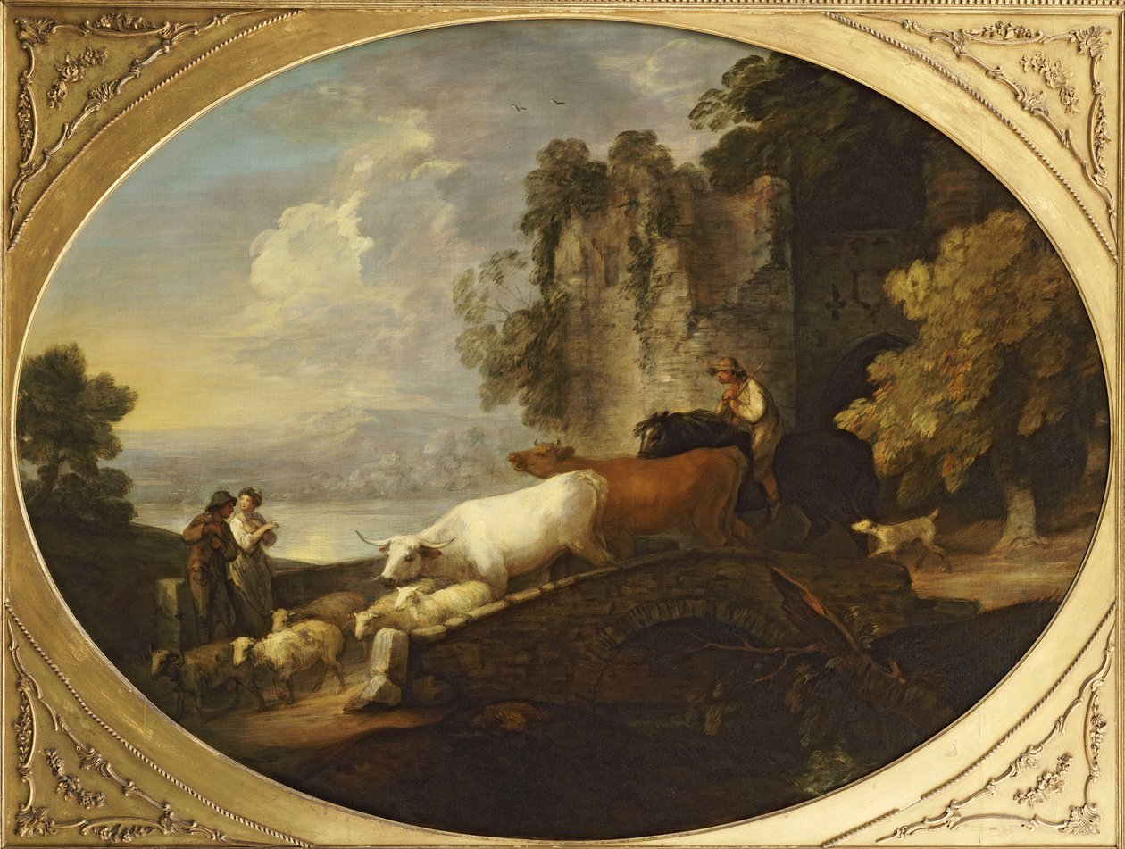 Et elvelandskap med rustikke elskere, en montert gjeter som kjører storfe og sauer over en bro med et ødelagt slott bortenfor av Thomas Gainsborough