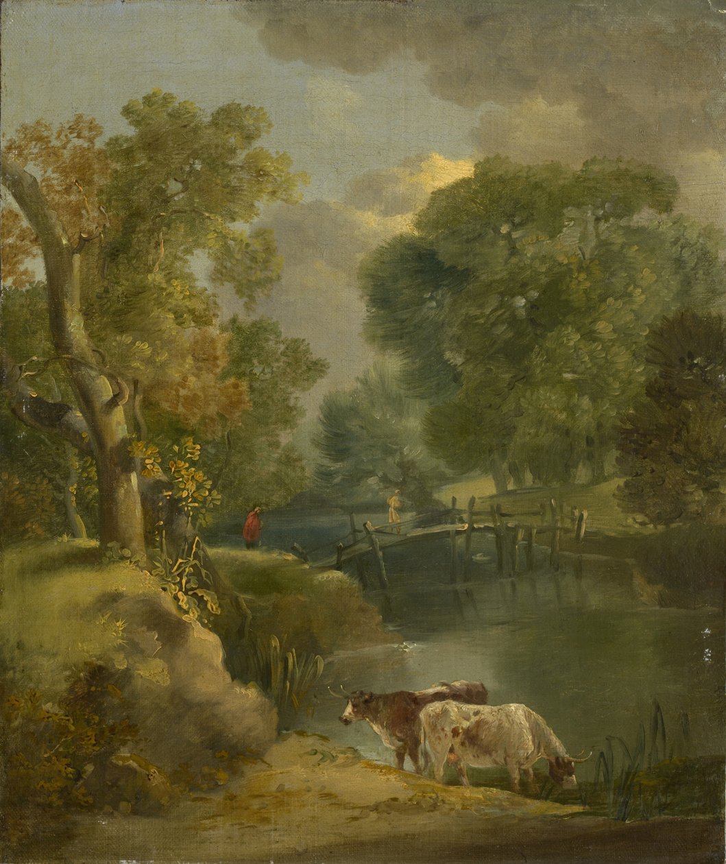 Et elvelandskap med to kyr og en figur på en bro, 1700-tallet av Thomas Gainsborough