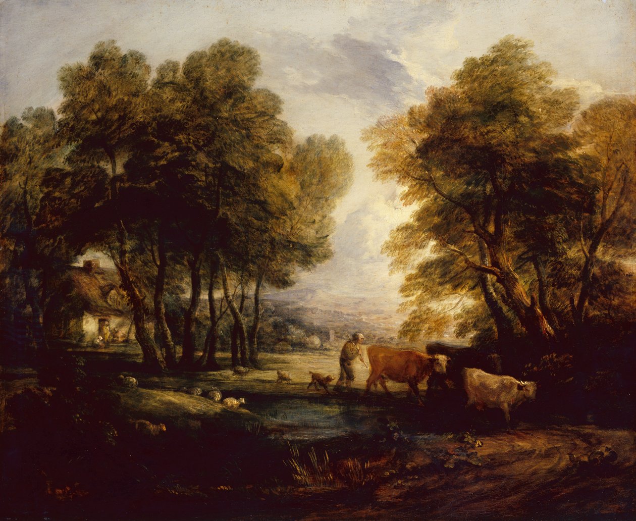 Et skogkledd landskap med gjeter, kyr og sauer nær et basseng (olje) av Thomas Gainsborough