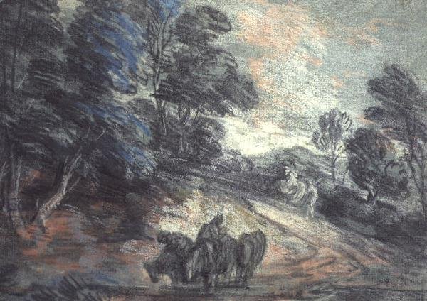 Et skogkledd landskap med hester som drikker (pastell) av Thomas Gainsborough