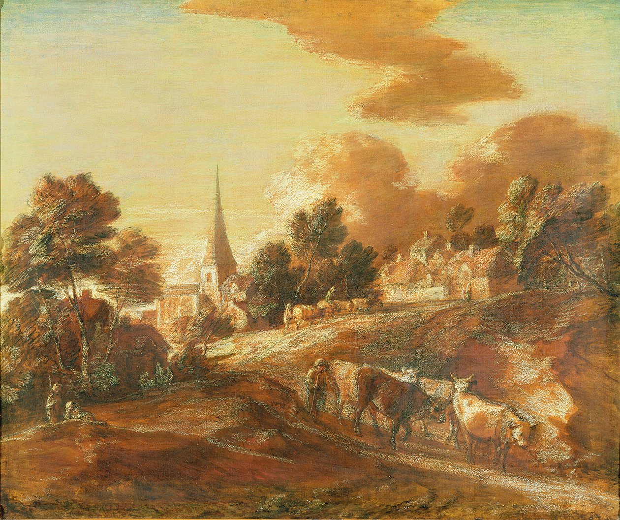 An Imaginary Wooded Village with Drovers and Cattle, ca. 1771-72 (olje og blandede medier på papir på lerret) av Thomas Gainsborough