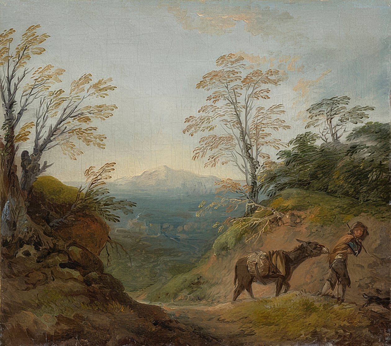 Skoglandskap med en gutt som leder et esel og en hund og et vidstrakt panorama av bygninger og fjerne åser. Tidlig på 1760-tallet av Thomas Gainsborough