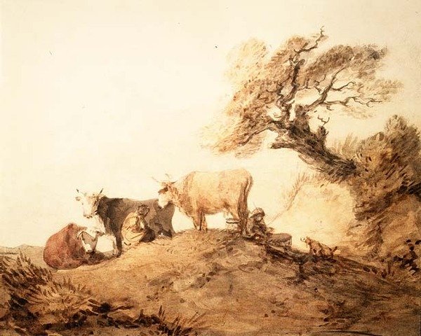 Storfe med drovers og en hund under et tre (akvarell) av Thomas Gainsborough