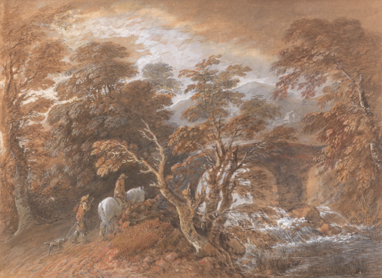 Kupert landskap med figurer som nærmer seg en bro av Thomas Gainsborough