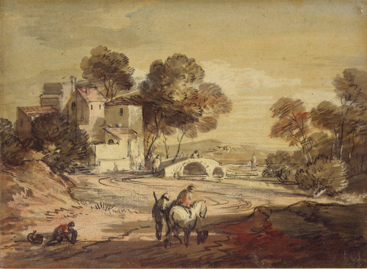 Italiensk landskap med reisende på en svingete vei, 1775-1779 av Thomas Gainsborough