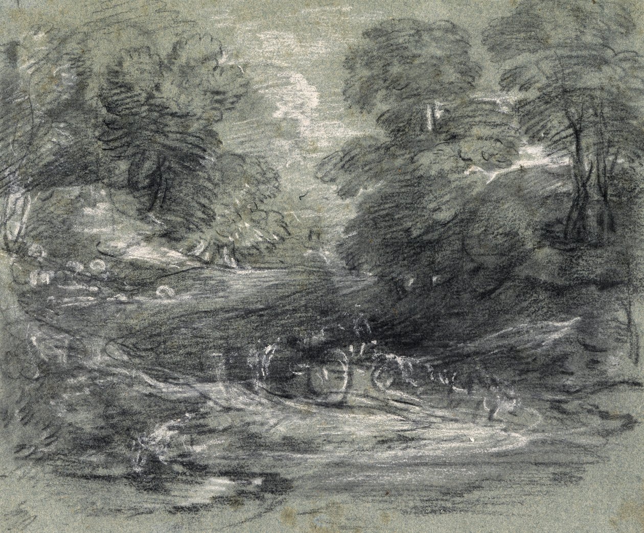 Landskap med gårdsvogn på et svingete spor mellom trær (kull og gouache på papir) av Thomas Gainsborough